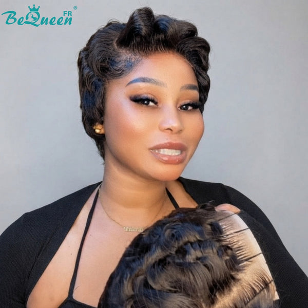 Bequeen “Suwe” Black Pixie Wig, Glueless Lace Front, Side Part, Style 11