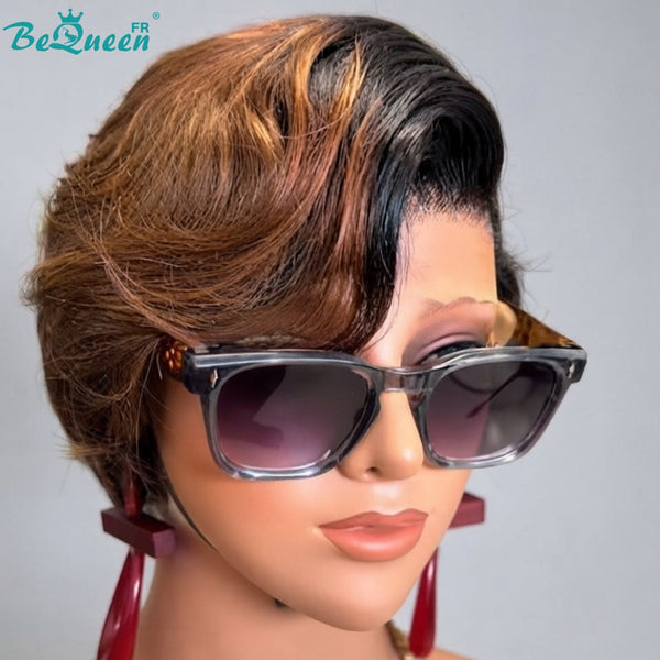 BeQueen "Chris" Perruque Pixie Lisse Couleur Noir et marron Raie du côté lace closure sans colle 100% raw hair bonne qualité peut durer 20 ans style 31