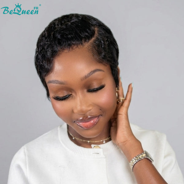 Bequeen Peluca “Suwe” Pixie negro Sin pegamento Frontal Lace Con raya lateral estilo 11