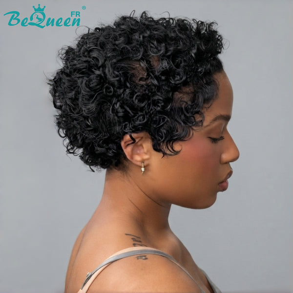 BeQueen "Coco" Schwarze Perücke mit Front-Lace, kinky curly Pixie, ohne Kleber, 100 % Echthaar, Style 2