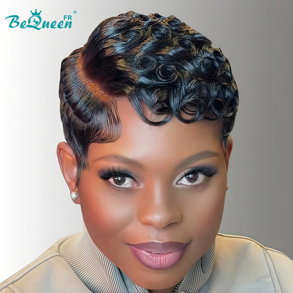 Bequeen Peluca “Suwe” Pixie negro Sin pegamento Frontal Lace Con raya lateral estilo 11