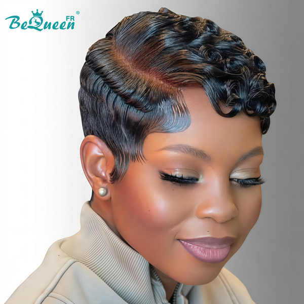 Bequeen Peluca “Suwe” Pixie negro Sin pegamento Frontal Lace Con raya lateral estilo 11