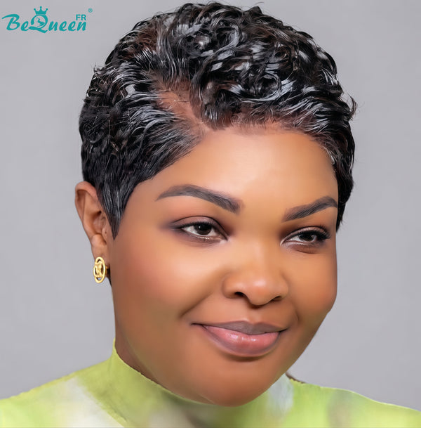 BeQueen "Coco" Black Wig with Lace Front, Kinky Curly Pixie, Glue-Free, 100% Human Hair, Style 2
