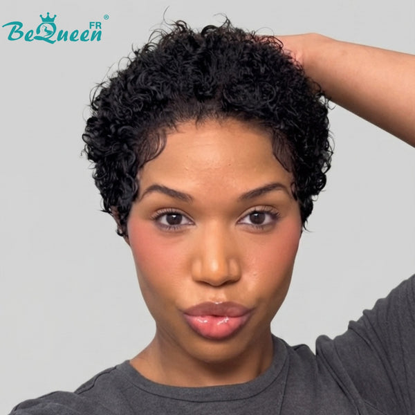 BeQueen "Coco" Schwarze Perücke mit Front-Lace, kinky curly Pixie, ohne Kleber, 100 % Echthaar, Style 2