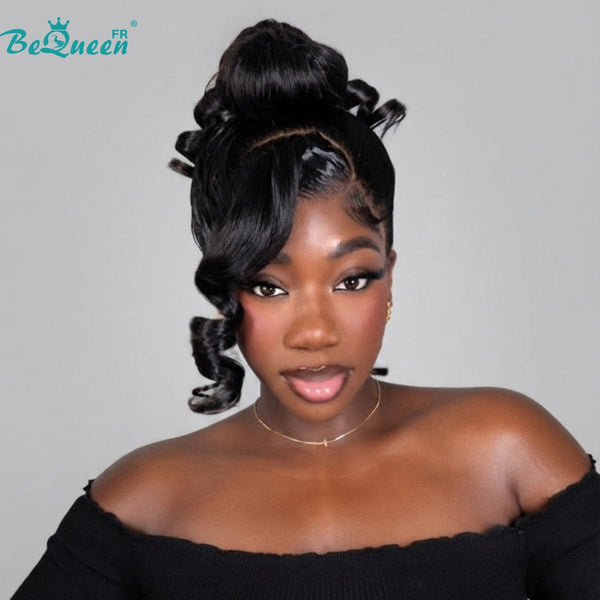 Bequeen Perruque “Dania” Lisse noir frontale Lace sans colle avec queue de cheval Prêt à porter 100% cheveux humains
