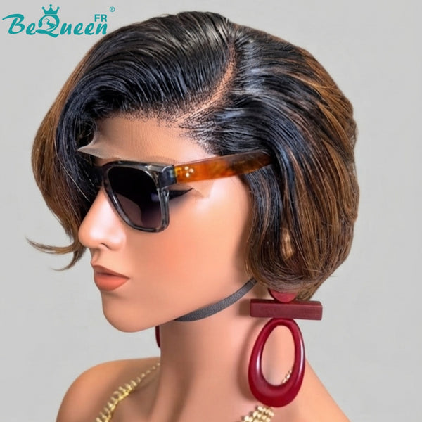 BeQueen "Chris" Perruque Pixie Lisse Couleur Noir et marron Raie du côté lace closure sans colle 100% raw hair bonne qualité peut durer 20 ans style 31