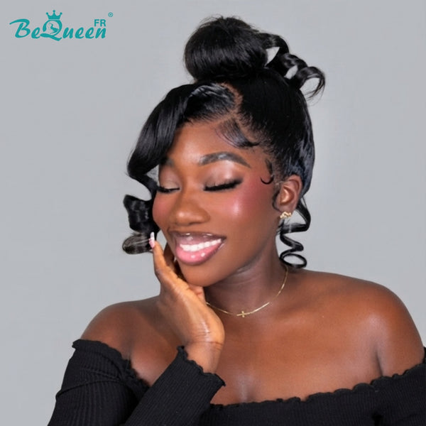 Bequeen Perruque “Dania” Lisse noir frontale Lace sans colle avec queue de cheval Prêt à porter 100% cheveux humains