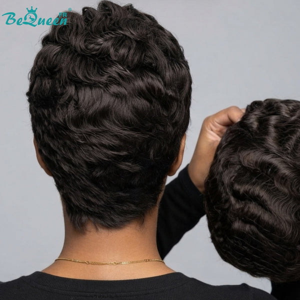 Bequeen “Suwe” Black Pixie Wig, Glueless Lace Front, Side Part, Style 11