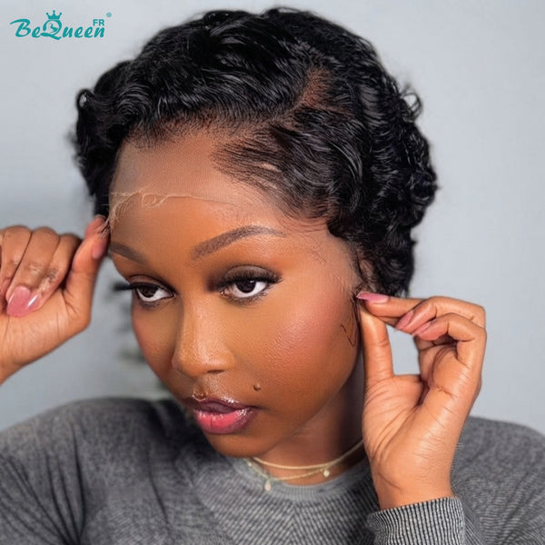 Bequeen Peruca “Suwe” Pixie preta Sem cola, lace frontal com risca lateral estilo 11