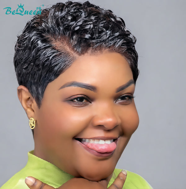 BeQueen "Coco" Black Wig with Lace Front, Kinky Curly Pixie, Glue-Free, 100% Human Hair, Style 2