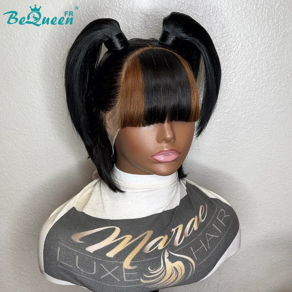 Bequeen Perruque "Naomi" noir mix miel avec frange avec chigon 100% cheveux humains style 2
