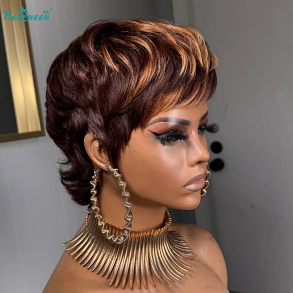 Bequeen Peluca "Yebbe" lisa hecha a máquina Negro 100% cabello humano color marrón miel mezclado