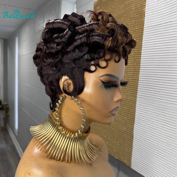 Bequeen Peruca “Chioma” Pixie castanha encaracolada, feita à máquina ou lace frontal sem cola, pronta a usar