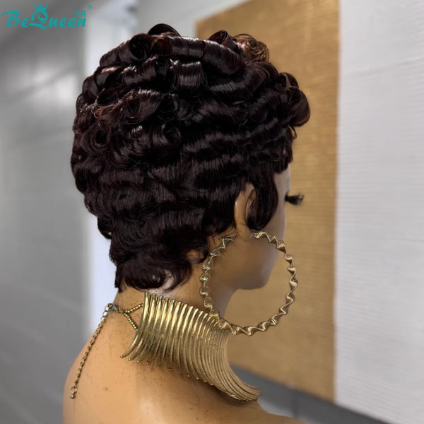 Bequeen Peruca “Chioma” Pixie castanha encaracolada, feita à máquina ou lace frontal sem cola, pronta a usar