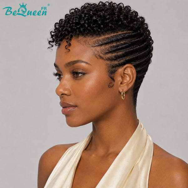 BeQueen "Falafel" Perruque Customisée pixie 6 pouces kinky curly+finger wave Prêt à porter Sans Colle 13X6