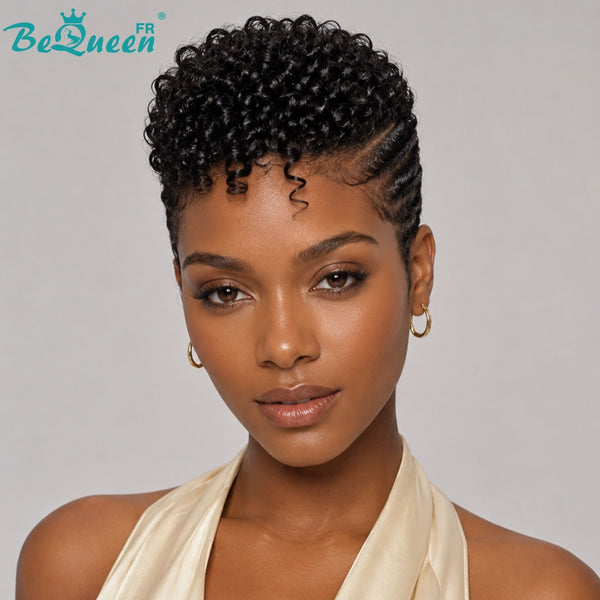 BeQueen "Falafel" Perruque Customisée pixie 6 pouces kinky curly+finger wave Prêt à porter Sans Colle 13X6