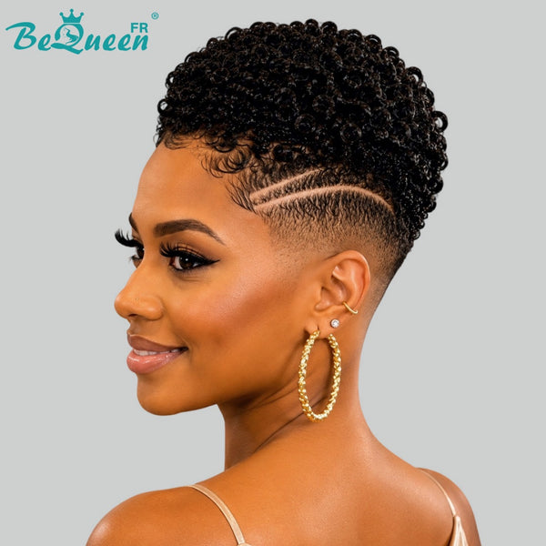 BeQueen "Tanaka" Perruque pixie Afro Curly Sans colle lace pleine avec gravure latérale