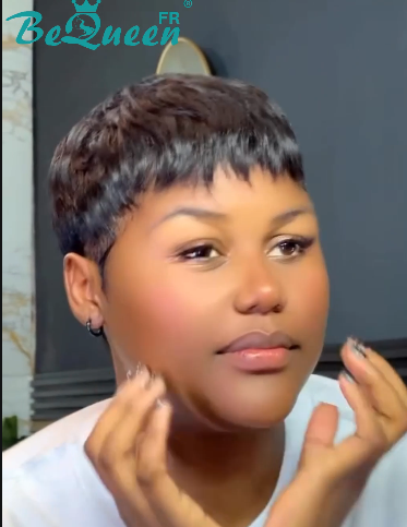 BeQueen  "suey" Perruques Pixie Lisse Courte à la machine avec un faux cuir chevelu sur le haut de la tête style 36
