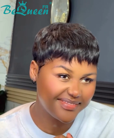 BeQueen  "suey" Perruques Pixie Lisse Courte à la machine avec un faux cuir chevelu sur le haut de la tête style 36