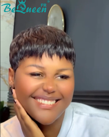 BeQueen  "suey" Perruques Pixie Lisse Courte à la machine avec un faux cuir chevelu sur le haut de la tête style 36