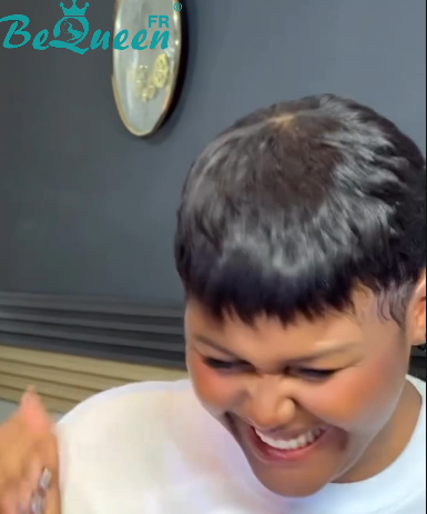 BeQueen  "suey" Perruques Pixie Lisse Courte à la machine avec un faux cuir chevelu sur le haut de la tête style 36