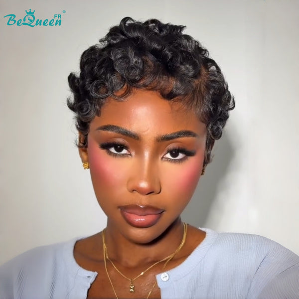 Peluca Bequeen "Chioma" Pixie negra rizada sin pegamento, lista para usar