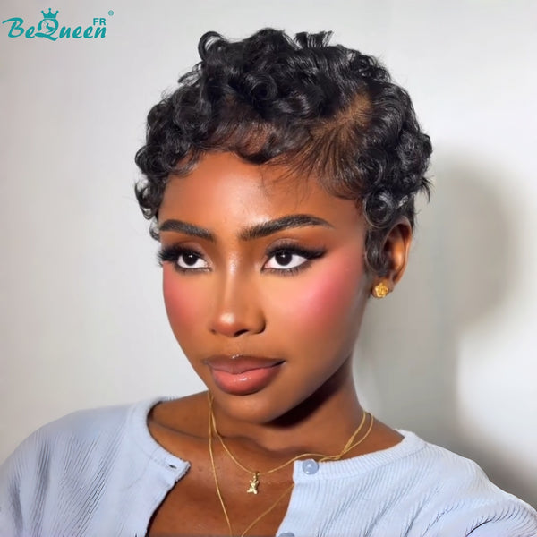 Peluca Bequeen "Chioma" Pixie negra rizada sin pegamento, lista para usar