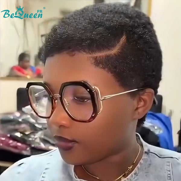 BeQueen "Edwina" Braune Kurz-Afro-Perücke aus 100 % Echthaar, Style 4