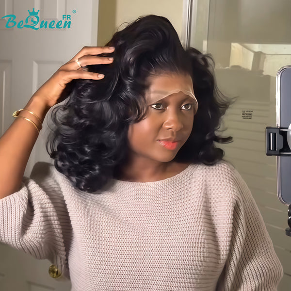BeQueen "Polysia" Peluca negra Bob rizada con encaje frontal estilo 31