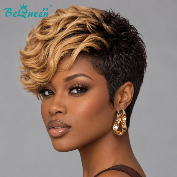 BeQueen "Mariole" Perruque Customisée pixie 6 pouces loose wave noir et miel Prêt à porter Sans Colle 13X6