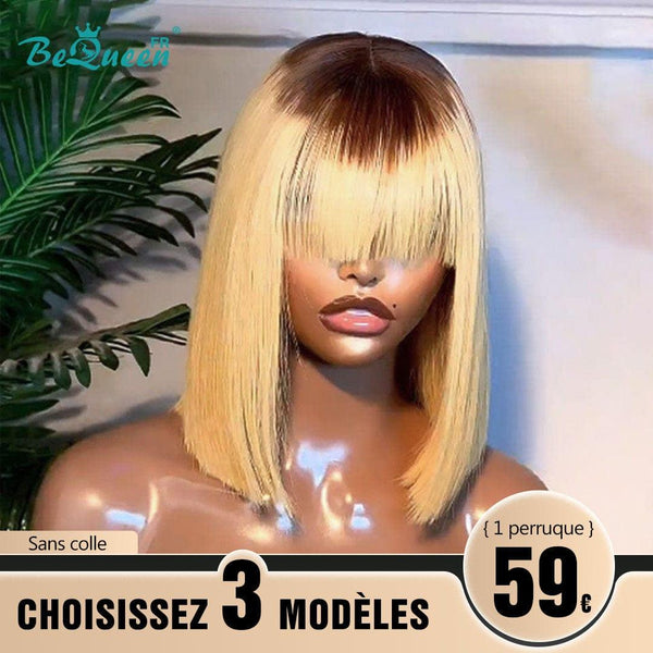 BeQueen 179€=3 perruques Perruque "Yumi" Racine Brun et Blonde Sans colle avec frange