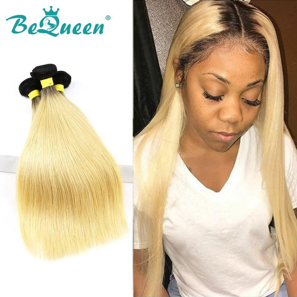 BeQueen Straight Hair Weave Bundles 100% Virgin Hair Blonde Color #613 Natural Black Root #1B 