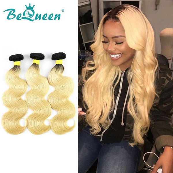 BeQueen Tissage Body Wave 100% Cheveux vierges de Couleur Blonde #613, Racine Noir #1B