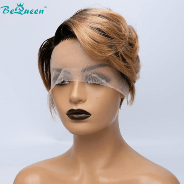 BeQueen Peruca Pixie com laço curto em Renda T parte 13x1x6 de Cor Castanho Mel