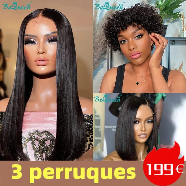 BeQueen 199€=3 perruques Perruque Lisse 18"+Lisse bob+Curly pixie