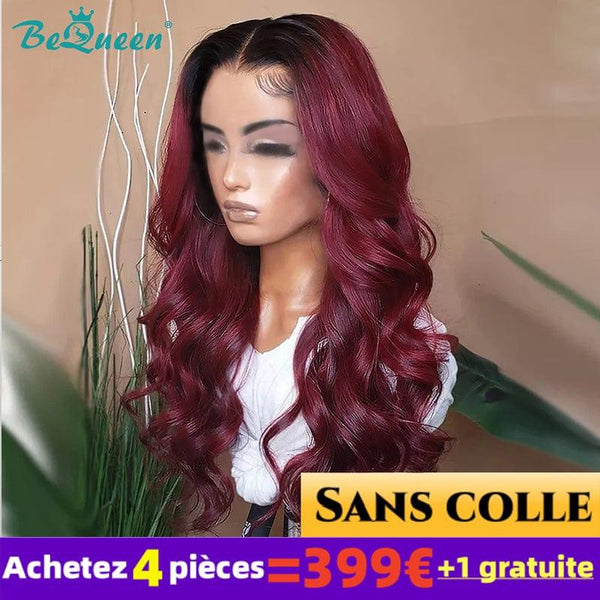 Bequeen 399€=4 "Caroline" Wigs Long Body Wave Wig Root Black and Burgundy Red Glueless lace 4*4