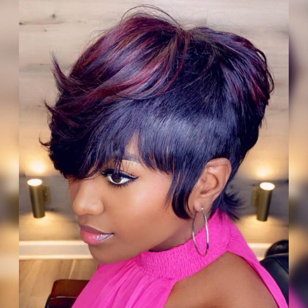 
BeQueen 99,9€ = 1 pelucas sin pegamento "Alpha" Peluca Personalizada Pixie Roja mezcla Negro