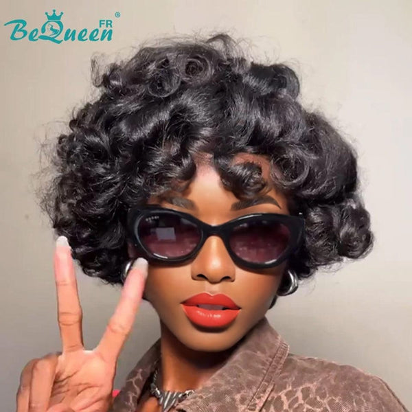 BeQueen 99,9€=1 perruques sans colle “	Mozanic” Perruque Customisée Bob bouclée Noir en couche Prêt à porter 13x4