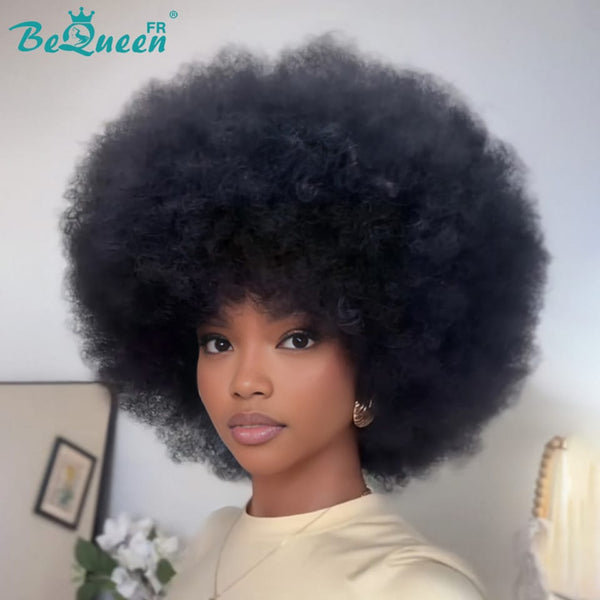 BeQueen "Addi" Perruque Bob Noir Afro Curly à la machine avec frange sans colle