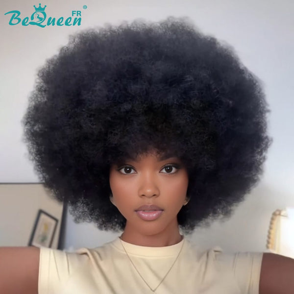 BeQueen "Addi" Perruque Bob Noir Afro Curly à la machine avec frange sans colle