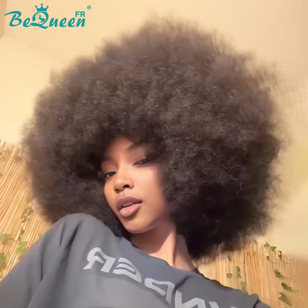BeQueen "Addi" Perruque Bob Noir Afro Curly à la machine avec frange sans colle style 2