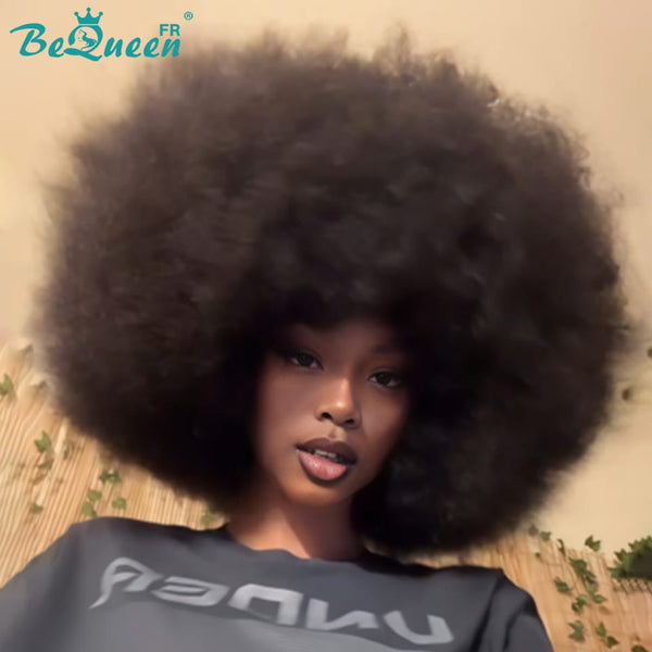 BeQueen "Addi" Perruque Bob Noir Afro Curly à la machine avec frange sans colle style 2
