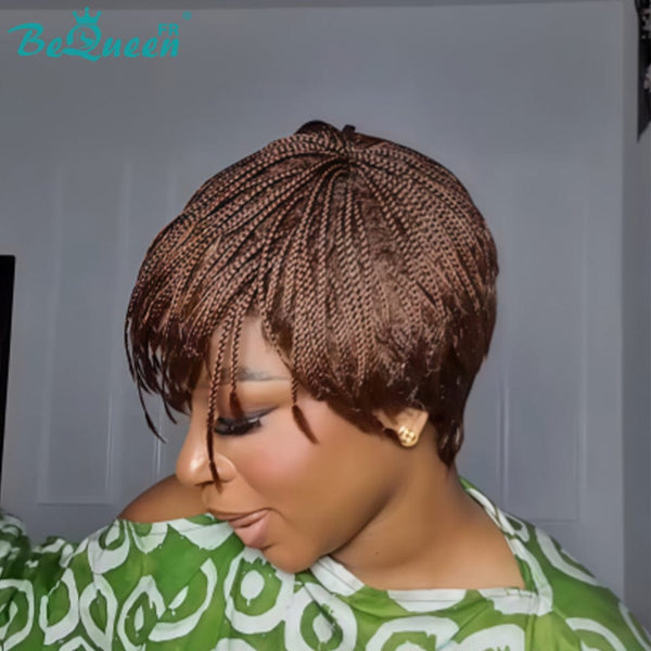 BeQueen “Aline" Perruque pixie sans lace couleur Marron à la machine avec tresse