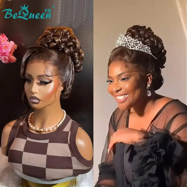 BeQueen "Amaly" Peluca de boda marrón Pelo en chongo con Fleco frontal 13x4