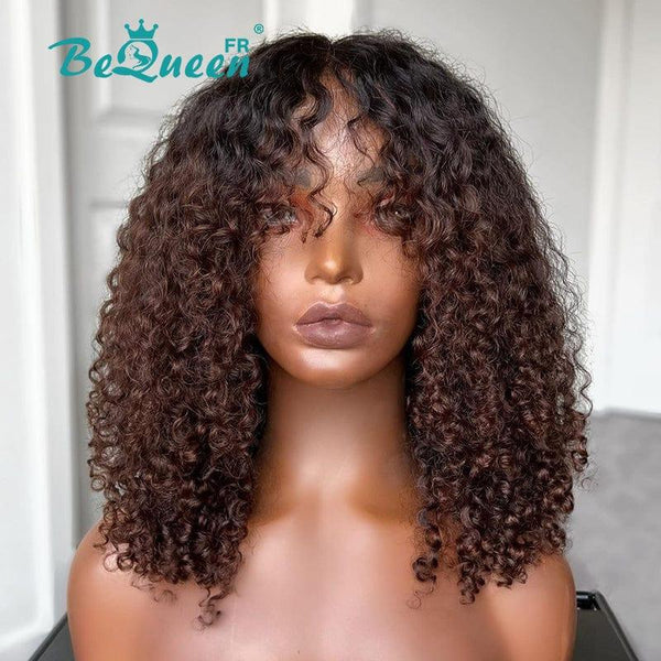 BeQueen "Beryl" Perruque Bob avec Frange Curly Noir et Brun 14 pouces