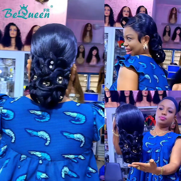 BeQueen „Telly“ Schwarze Hochzeitsperücke mit Chignon und Spitzenfrontal 13x4 
