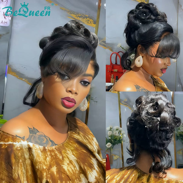 BeQueen „Fornel“ Schwarze Hochzeitsperücke mit Chignon und Lace Frontale 13x4 