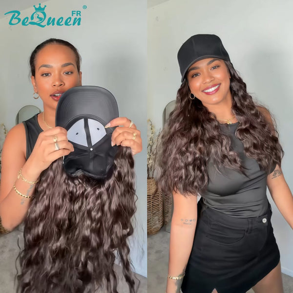 BeQueen "Clara" Peluca larga castaña rizada con sombrero estilo 2