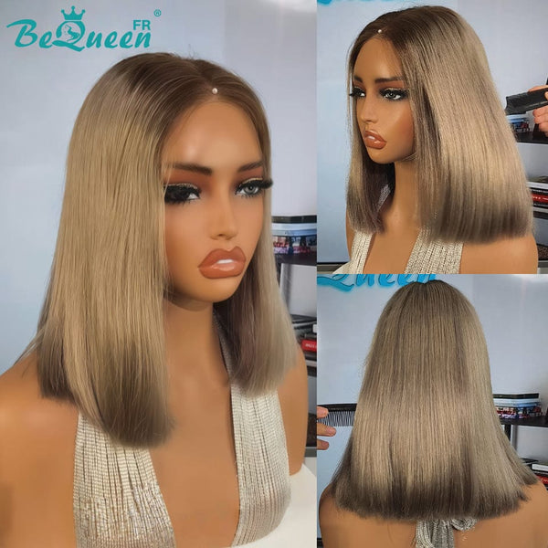 BeQueen "Dominique" Perruque Bob lisse Racine Marron et Gris en Lace KIM 2x6 100% vienamiens 250% densité Donné Par 1 Personne