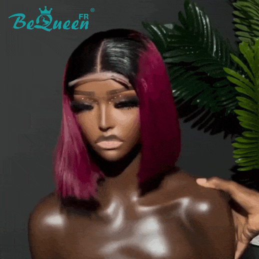 BeQueen "Dominique" Wig Smooth Black and Red Bordeaux Lace KIM 2x6 100% Viennese 250% density Given by 1 person